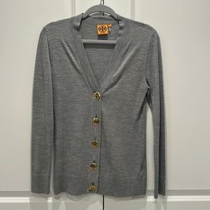 Tory Burch Logo Button Merino Wool V-Neck Cardigan Sweater, Heather Grey, Small